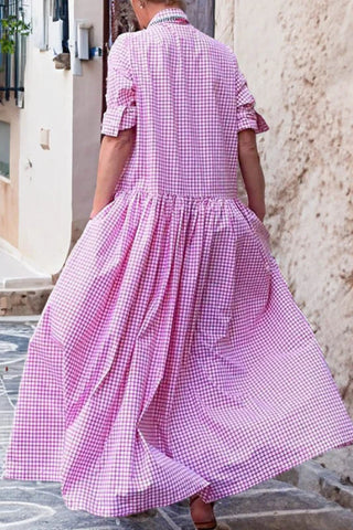 Long Sleeves Loose Buttoned Plaid Pleated Split-Joint Lapel Maxi Dress