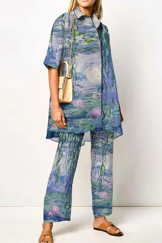 Lotus Painting Art Shirt Two Piece Set