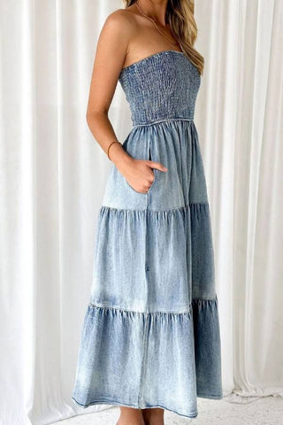 Slit Smocked Tube Tiered Denim Dress