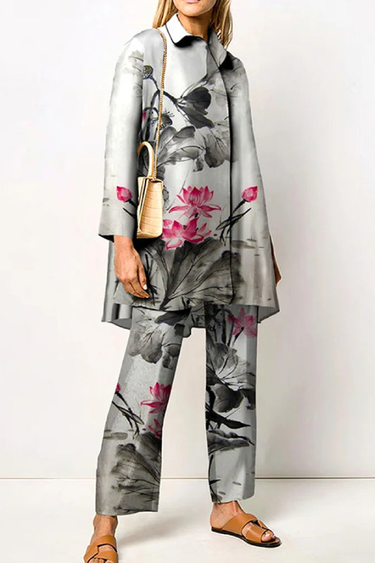 Fashion Lotus Print Shirt Two Piece Set
