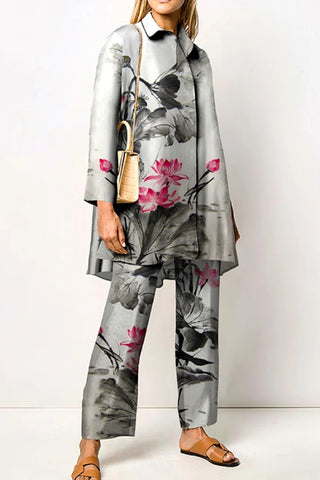 Fashion Lotus Print Shirt Two Piece Set