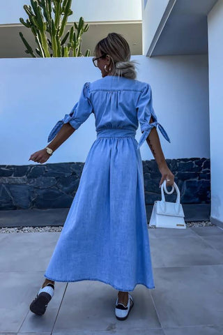 V-neck Button Down Denim Maxi Dress