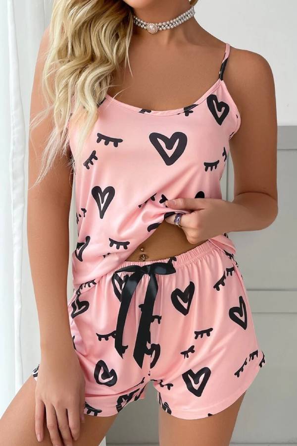 Heart & Eyelash Print Bow Pajama Set