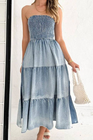 Slit Smocked Tube Tiered Denim Dress