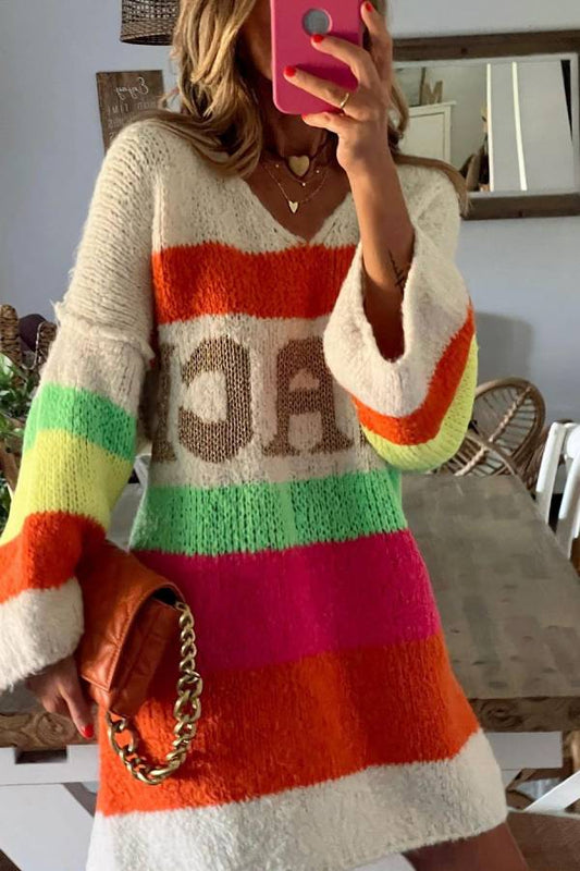 Rainbow striped V-neck loose knit sweater