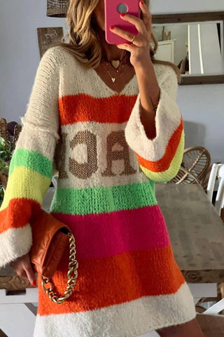 Rainbow striped V-neck loose knit sweater