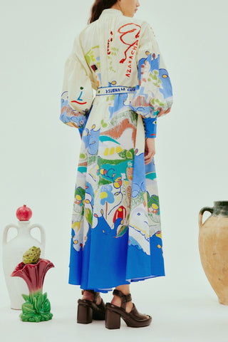 Single-breasted long lantern sleeve graffiti print tie waist dress