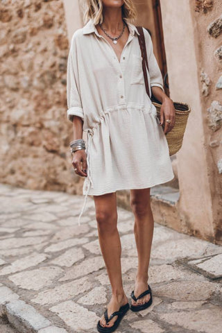 linen blend adjustable bands pocket oversized shirt mini dress