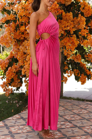 Charming One Shoulder Lace Up Cutout Pleated Maxi Dress