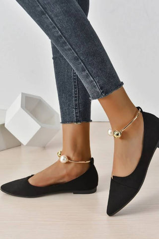 One-Strap Buckle Hollow Shallow Pointed Toe Flat Shoes With Pearl Metal Strap