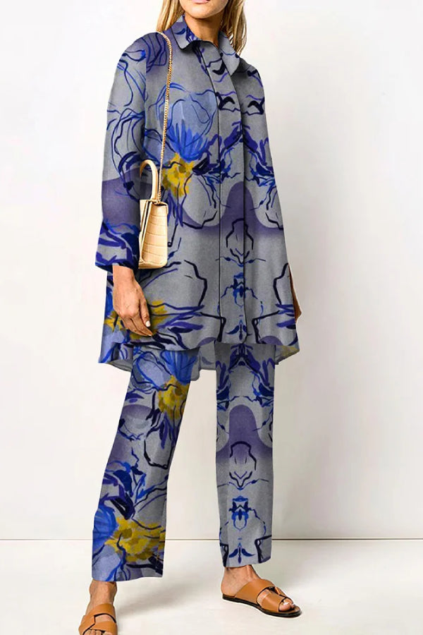 Lapel Blue Textured Floral Shirt Two-Piece Set