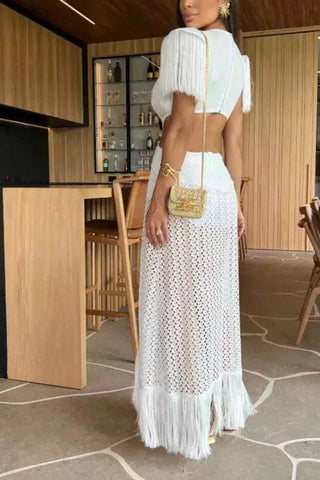 Deep V-neck sexy backless high waisted fringe maxi dress