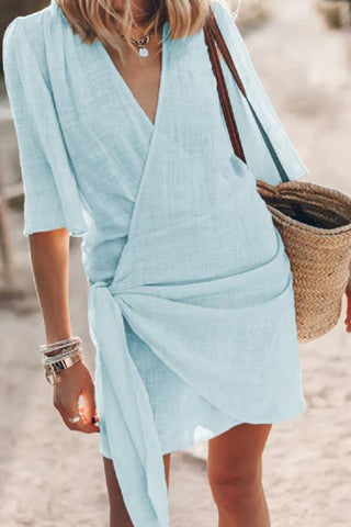 Cotton Linen Blend Knotted Wrap Mini Dress