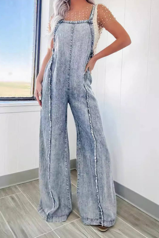 Loose overalls retro washed frayed wide leg jumpsuit