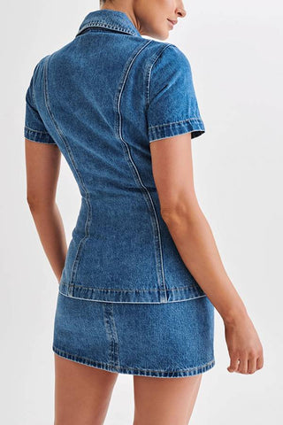 Modern style denim short sleeved button high waisted skirt set