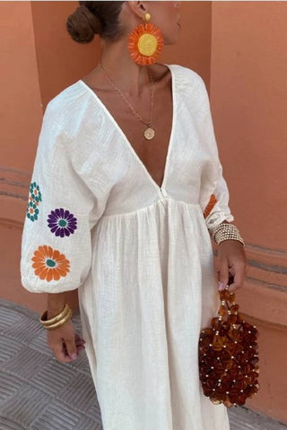 Backless Embroidery V-Neck Floral Maxi Dress