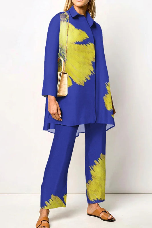 Fashion Floral Painting Shirt Two Piece Set