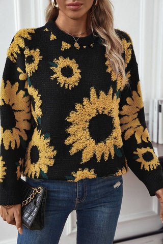 Sunflower towel embroidered round neck long sleeved knitted pullover sweater