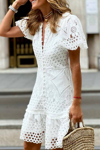 Sweet Lace Puff Sleeve Button Up Mini Dress