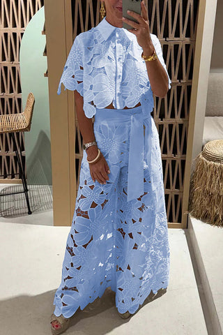 Casual Lace Blouse Wide Leg Pants Suit