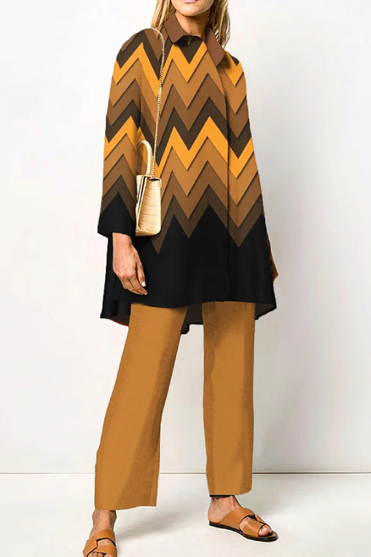 Abstract Geometry Colored Elegant Shirt Two Piece Set
