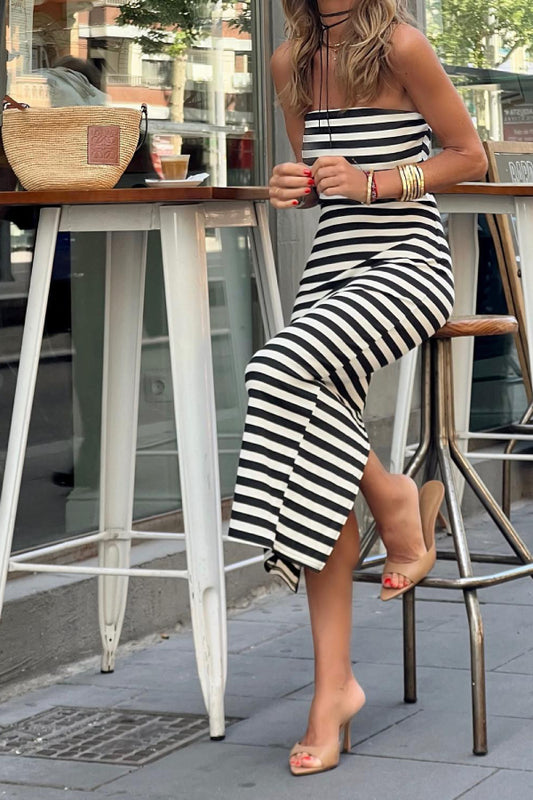 Striped Print Strapless Tube Maxi Dress