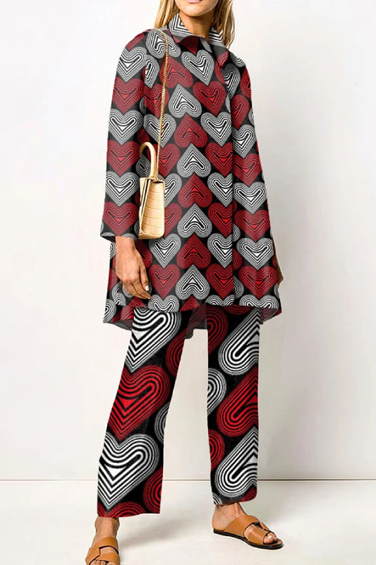 Fashion Heart Print Long Sleeve Shirt Two Piece Set