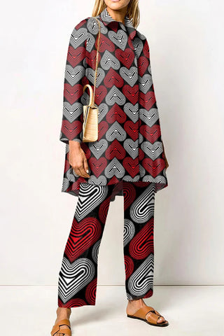 Fashion Heart Print Long Sleeve Shirt Two Piece Set