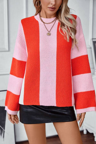 Color Block Round Neck Long Sleeve Sweater