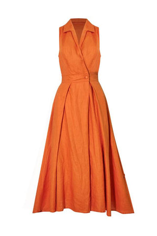 Solid color lapel pleated sleeveless temperament maxi dress