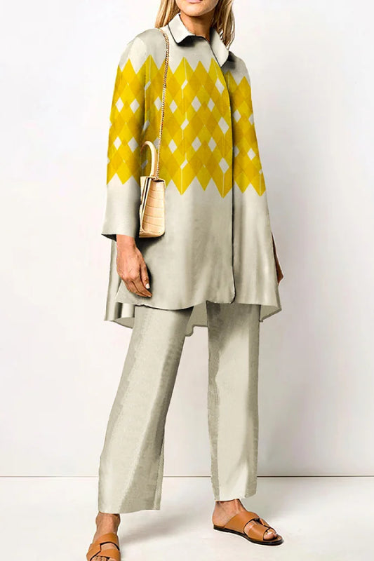 Geometry Printed Long Sleeve Shirt Two Piece Set