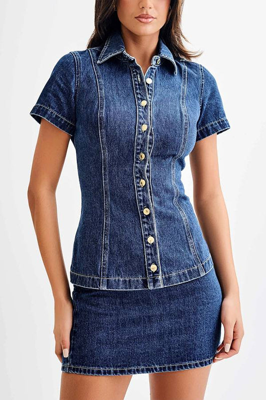 Modern style denim short sleeved button high waisted skirt set