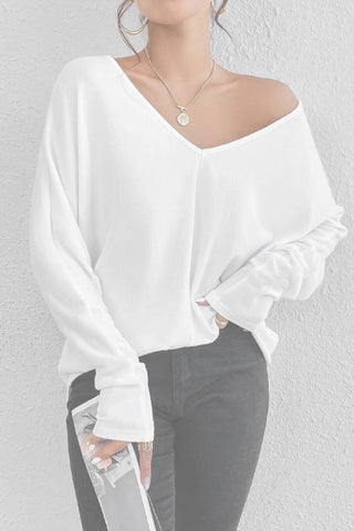 Solid V Neck Batwing Sleeve Tee