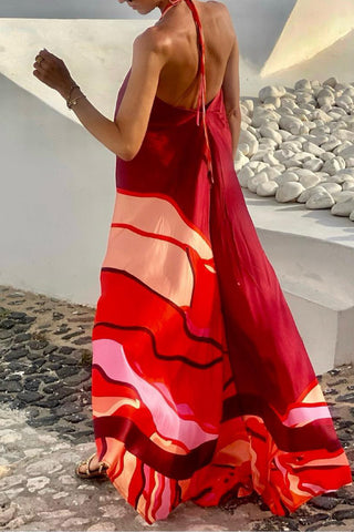 Halter Neck Printed Backless A-Line Maxi Dress