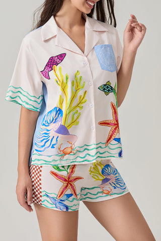 Coastal Seashell Satin Unique Print Pocket Loose Shirt and Elastic Waist Shorts Set