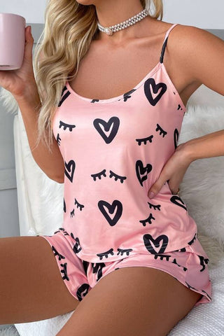 Heart & Eyelash Print Bow Pajama Set