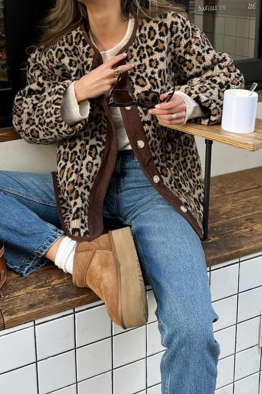 Leopard print casual loose long sleeve jacket
