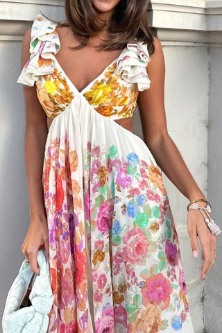 V-neck Ruffle Sleeve Flowers Print Bow-knot Backless Design maxi dress