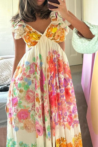 V-neck Ruffle Sleeve Flowers Print Bow-knot Backless Design maxi dress