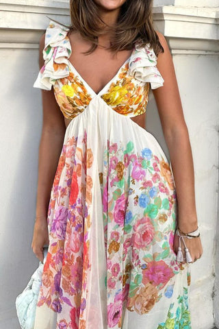 V-neck Ruffle Sleeve Flowers Print Bow-knot Backless Design maxi dress