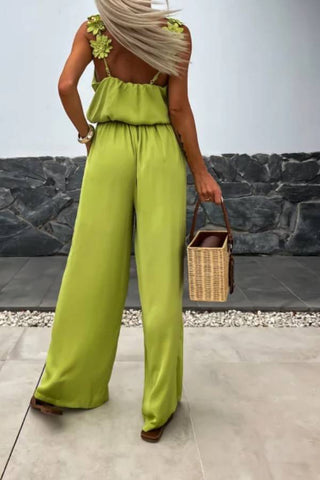 Solid Color Embroidered Flower Suspenders Casual Loose Jumpsuit