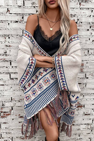 Boho Geometric Tassel Hem Cape Poncho Cardigan