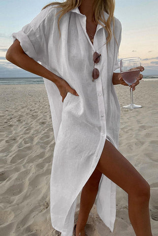 Solid color casual long sleeved mid length cotton and linen shirt dress