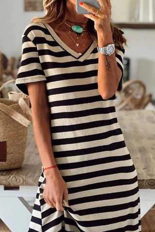 Basics Stripe V Neck Casual Midi Dress