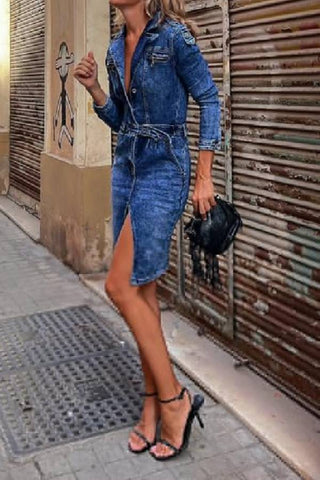 Long sleeved suit collar vintage casual denim midi dress