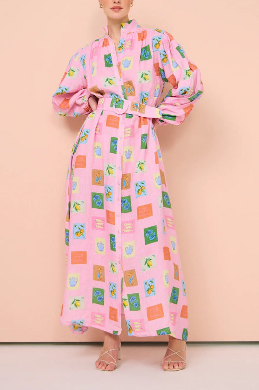 Printed lantern sleeve shirt dress