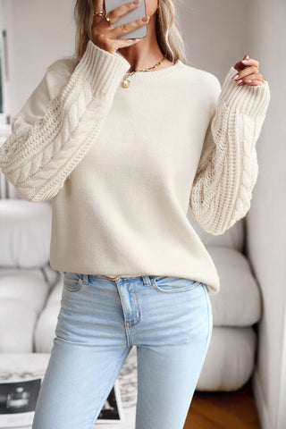 Cable-Knit Round Neck Drop Shoulder Sweater