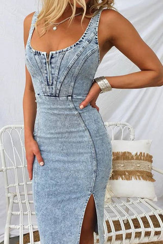 Denim Adjustable Straps Zip-up Firm Stretch Midi Dress