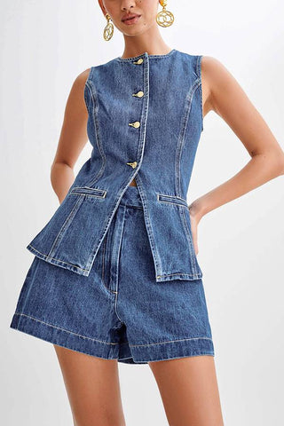 Fashion and casual sleeveless high waisted denim shorts set