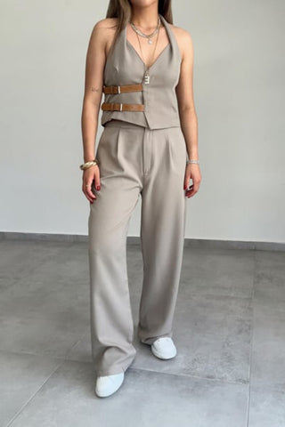 Belted halter neck vest and pants set